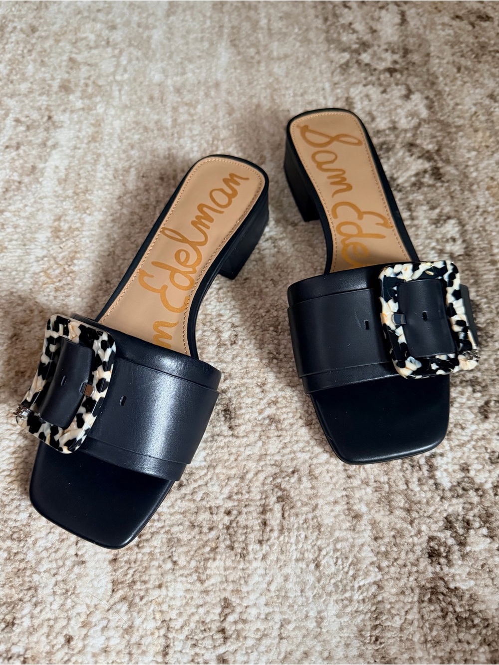 Sam Edelman Deacon Black Leather Buckle Slide Sandals Block Heel 7.5